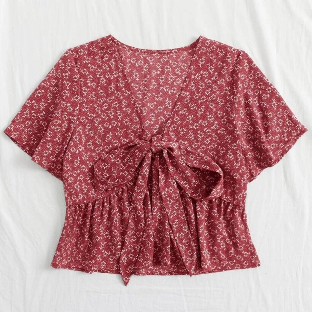 Boho Floral print front tie babydoll peplum crop top ROSE RED - Picture 2 of 8